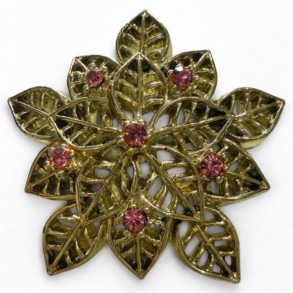 Vintage Gold Leaf Flower Brooch with Pink Crystals - Picture 13 of 17